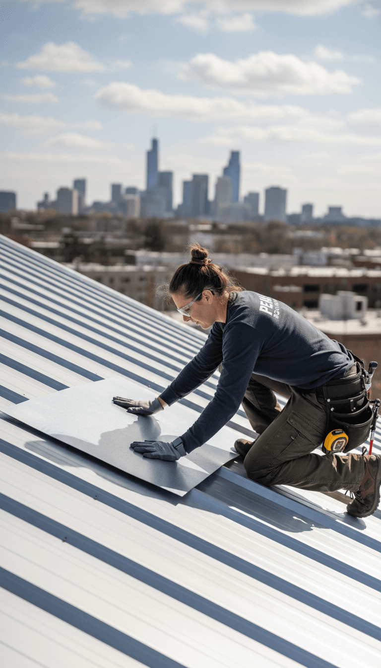 Hand touching metal roof panel
