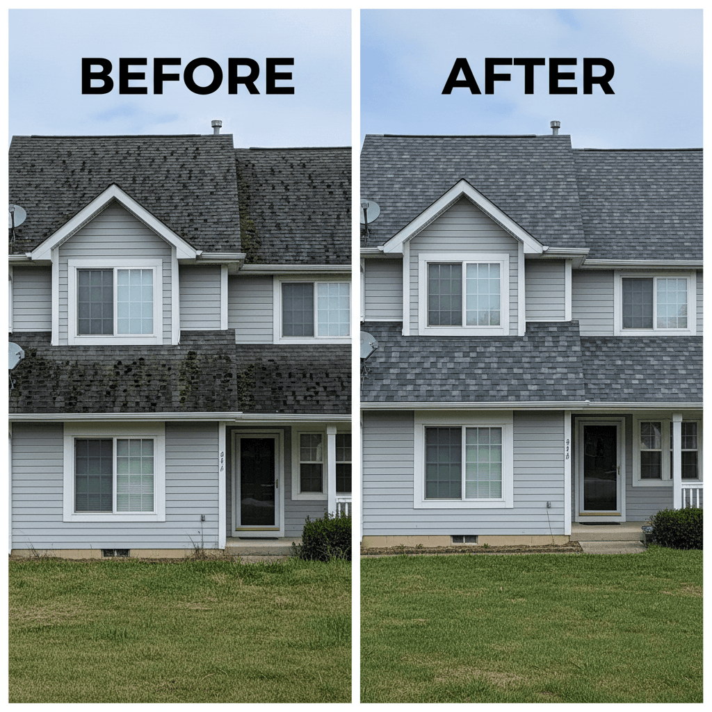 Before and after comparison of an old worn asphalt roof and a new architectural shingle installation
