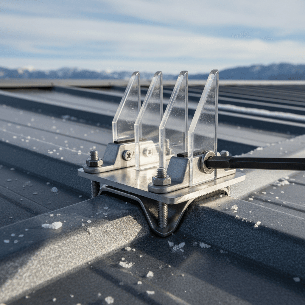 Close up of a snow guard installed on a standing seam metal roof panel