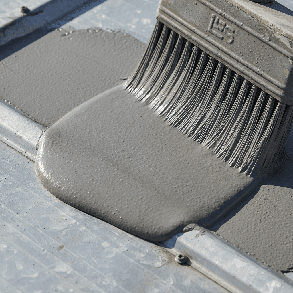 Application of gray roof sealant to a flat metal roof surface
