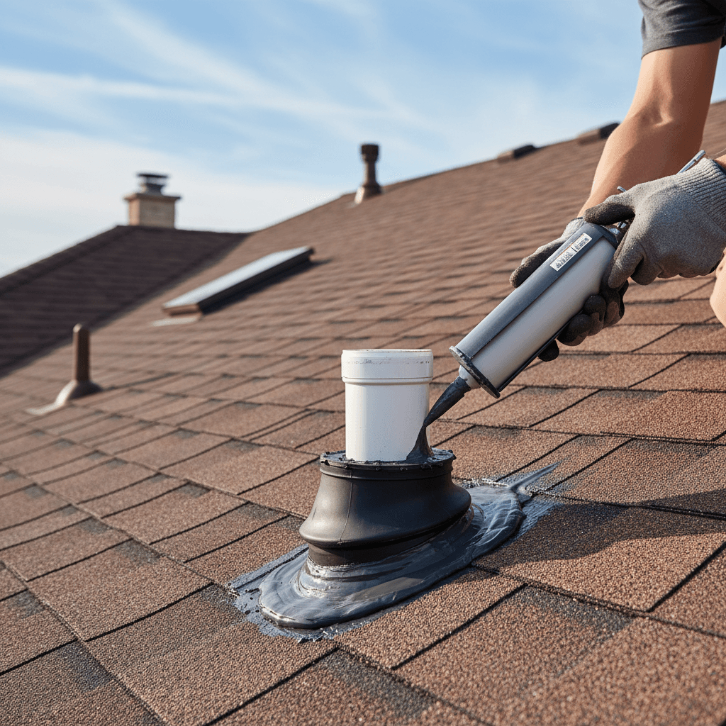 Sealant being applied around a pipe boot during a roof installation