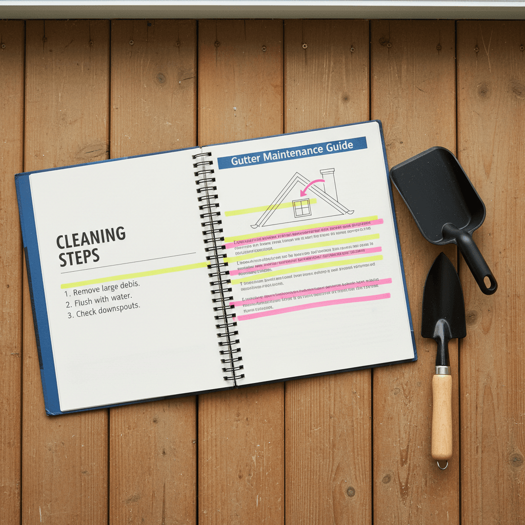 Open maintenance manual with gutter cleaning tools