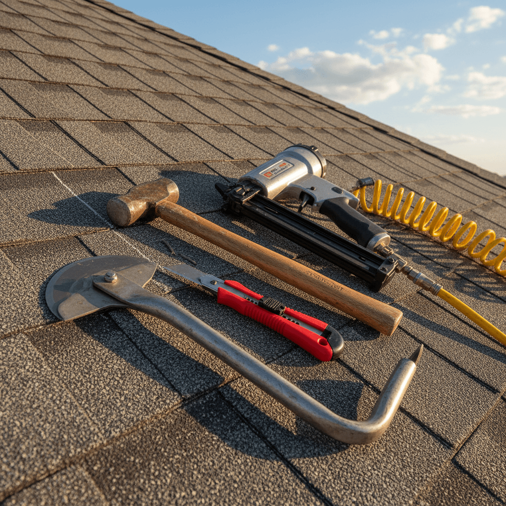 Common roofing tools laid out on a work surface during a re-roofing project