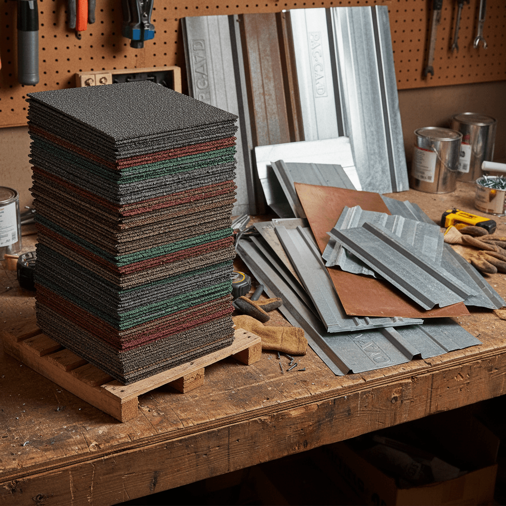 Asphalt shingles and metal roofing samples on a workbench