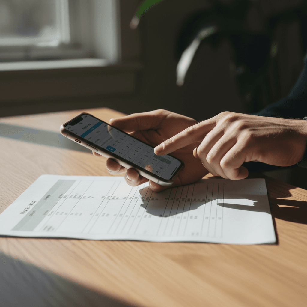 Hand using calculator on smartphone with roofing estimate sheet