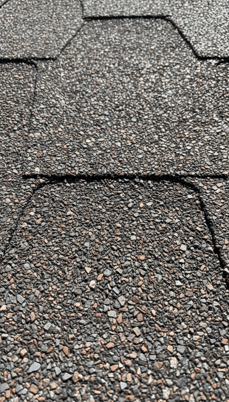 Close-up view of the granular surface of a three-tab asphalt roofing shingle with sunlight hitting the mineral granules