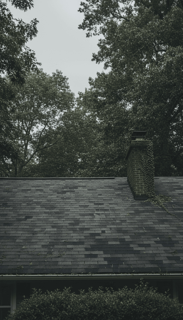 Residential roof with mixed shingles in North Carolina neighborhood