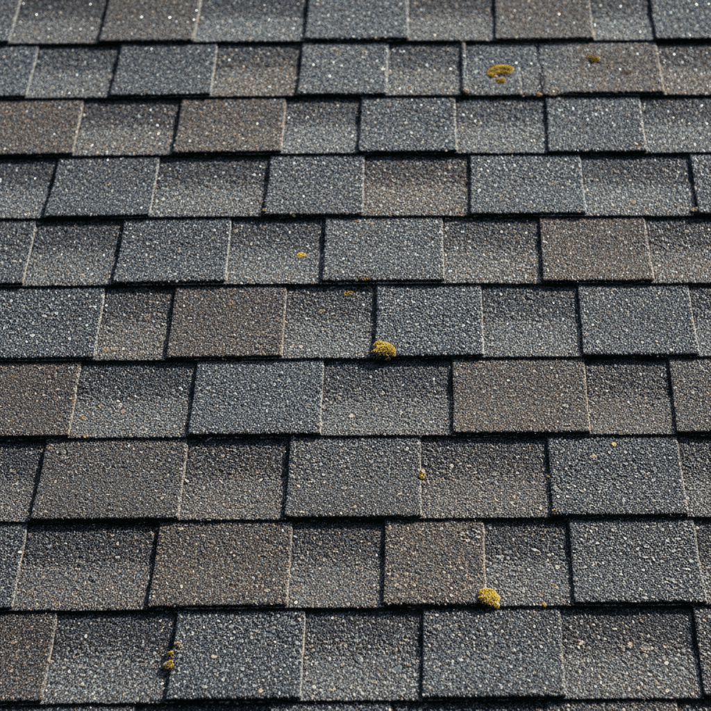 Architectural asphalt shingle texture on a roof, showing granule surface and shadow lines