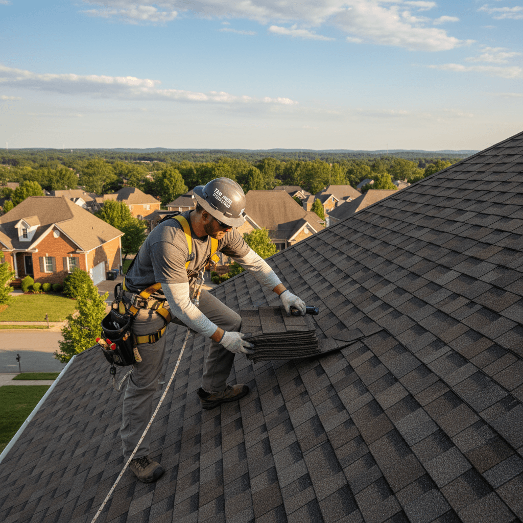 Roofer inspecting shingles on a house roof