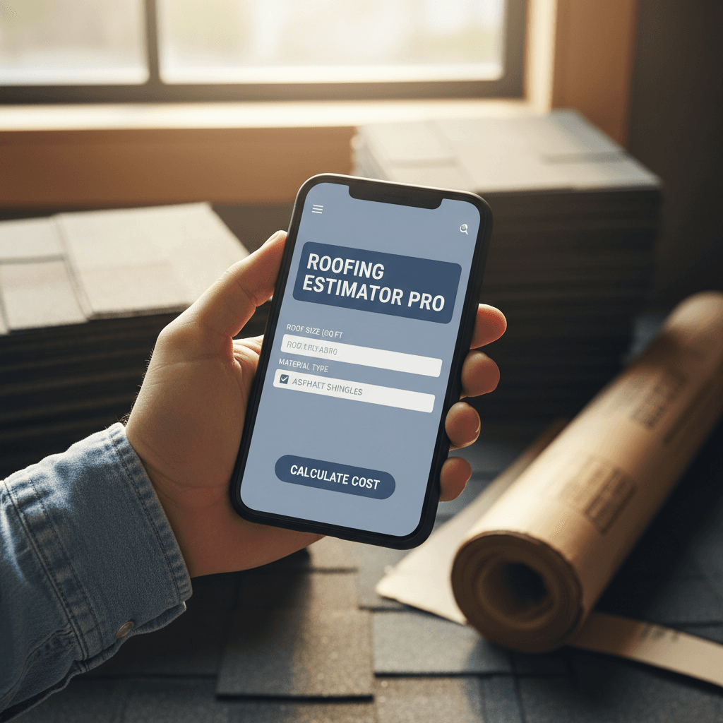 Smartphone showing a roofing cost calculator on screen