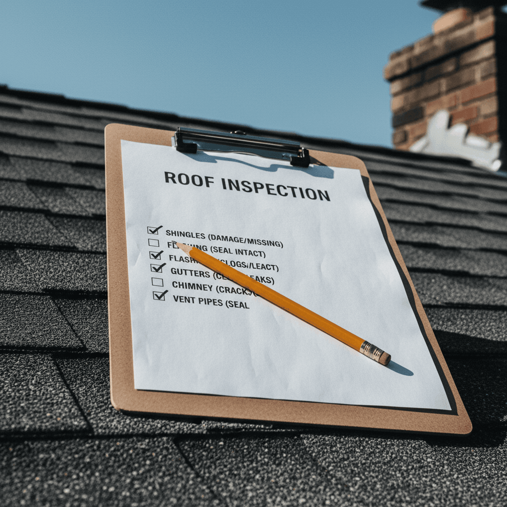 Clipboard with inspection checklist on rooftop