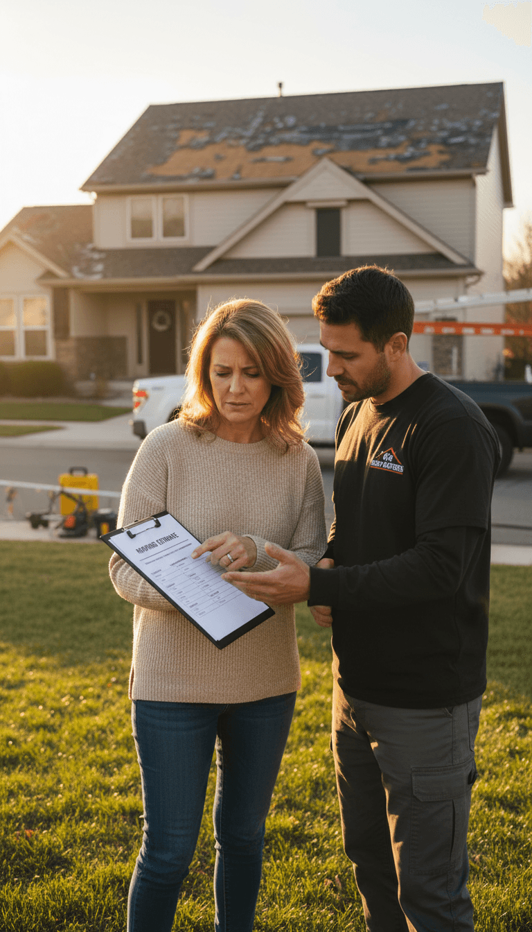 Homeowner talking with contractor about roof quote