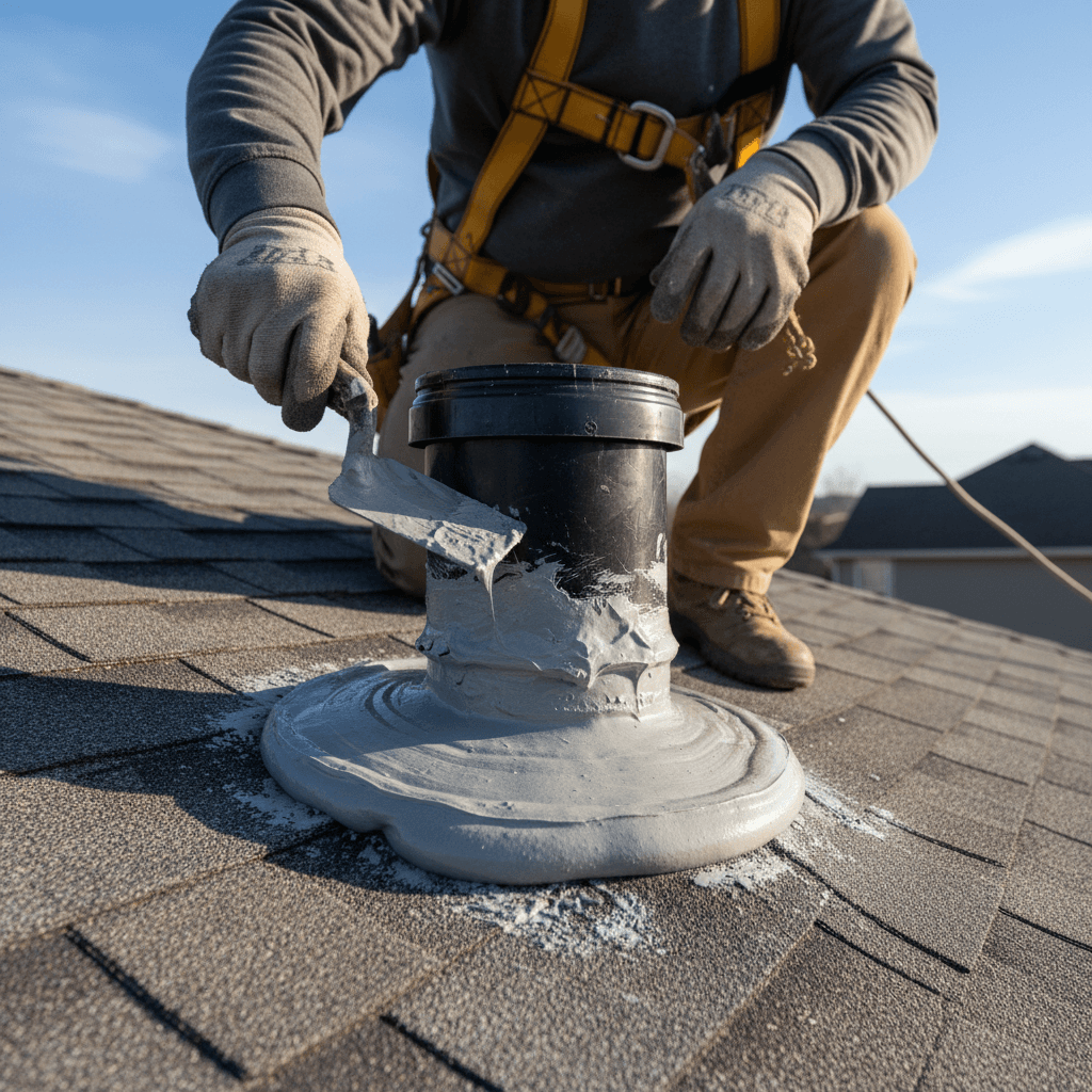 Thick sealant applied around roof flashing and vent pipe base
