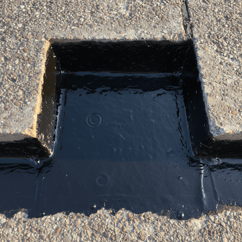 Cured black roof sealant on joint showing smooth glossy finish