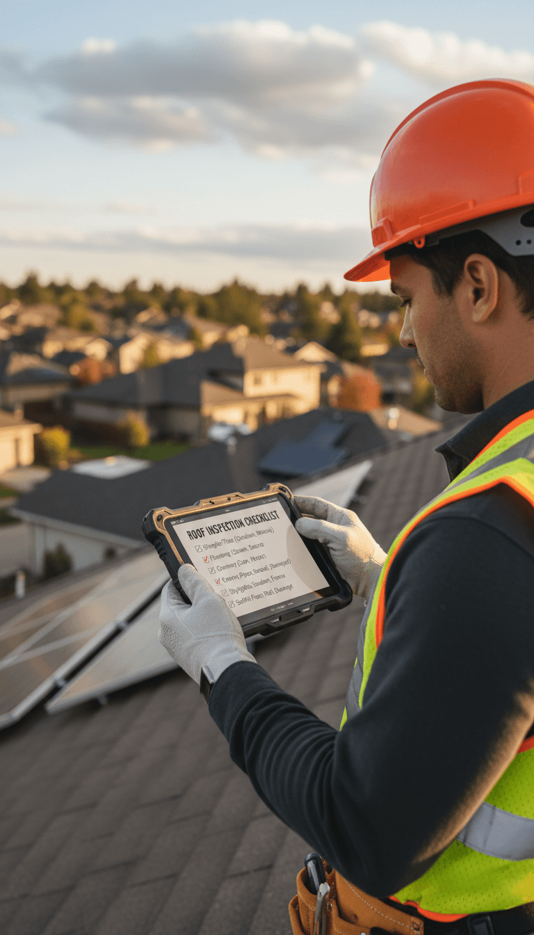 Homeowner reviewing inspection notes on a tablet outside a house in North Carolina