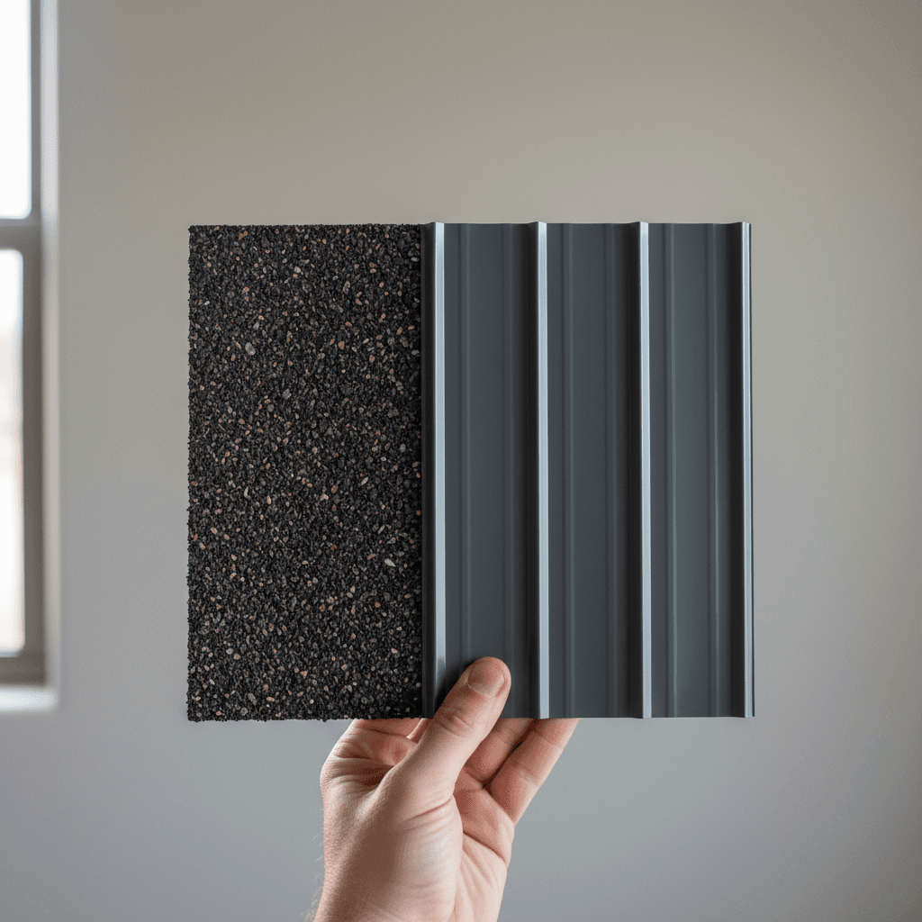 Hand comparing asphalt shingle and metal roofing samples