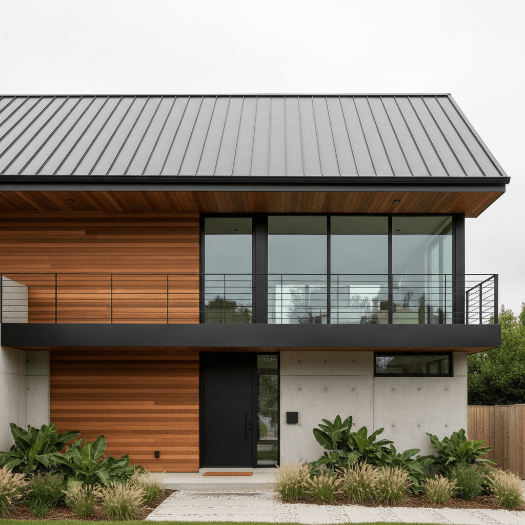 Standing seam metal roof panel with clean vertical lines on a modern home