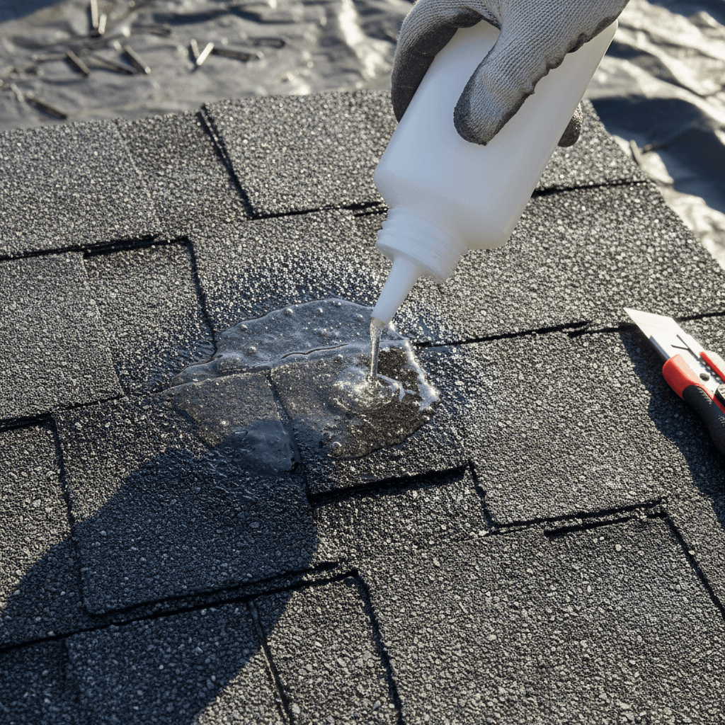 Clear liquid sealant applied to asphalt shingles during repair