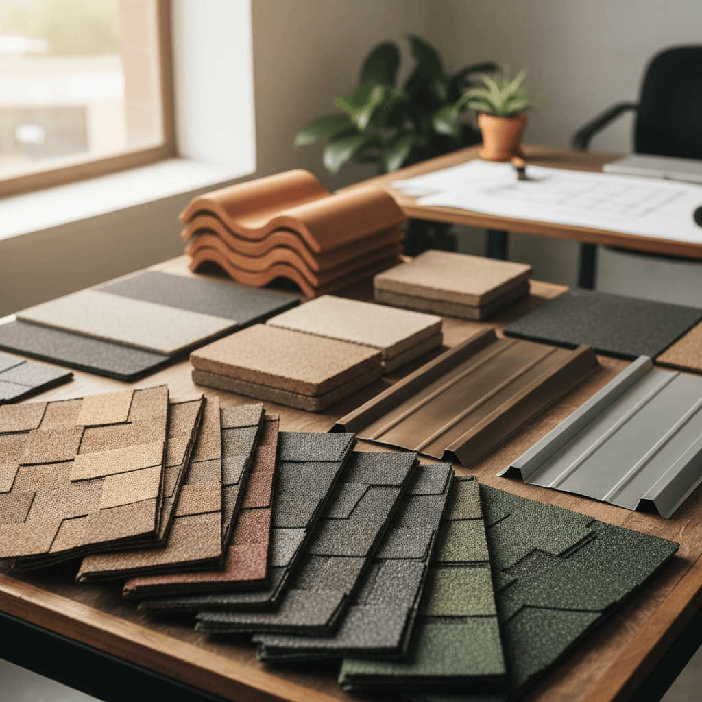 Roofing material samples on a table
