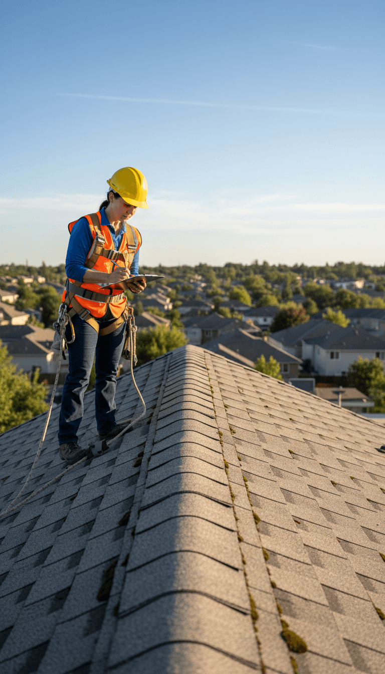 Roofer conducting professional roof inspection