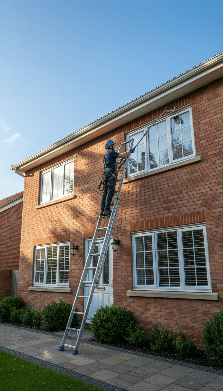 Ladder stabilizer mounted on a steep roof pitch