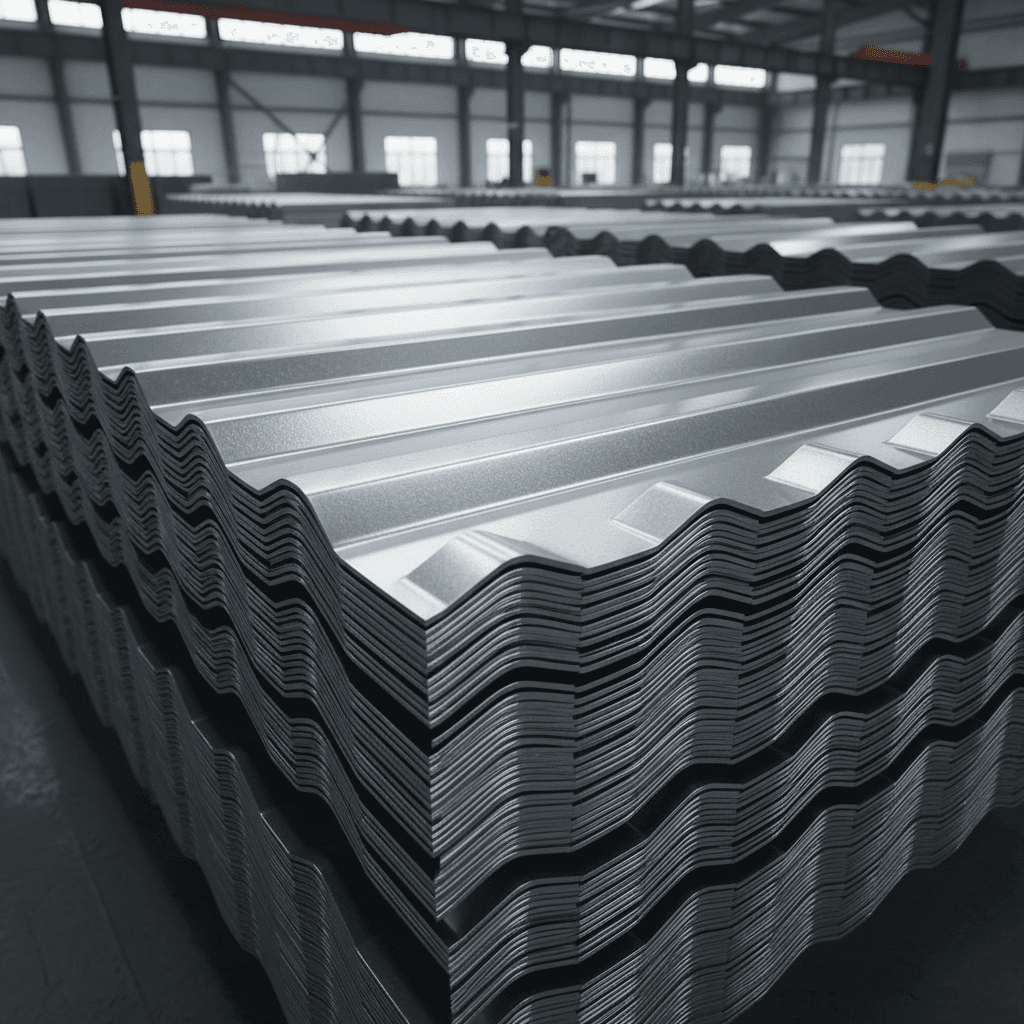 Corrugated metal roofing panel texture close up