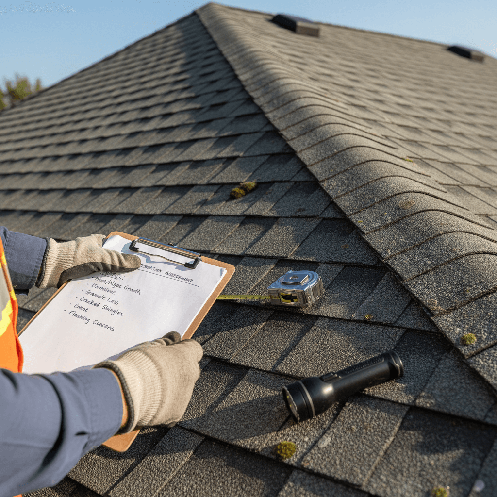 Roofing inspector examining roof with clipboard