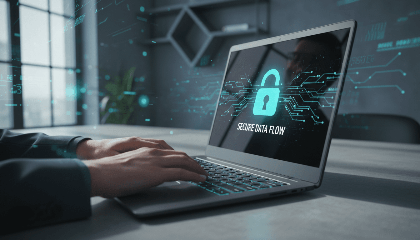 Laptop screen displaying a privacy policy page with a padlock symbol