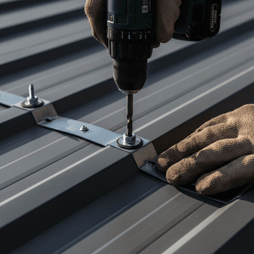 Close-up view of a corrugated metal roof panel showing standing seams and fasteners