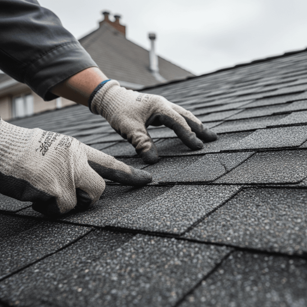 Professional roofer inspecting shingles