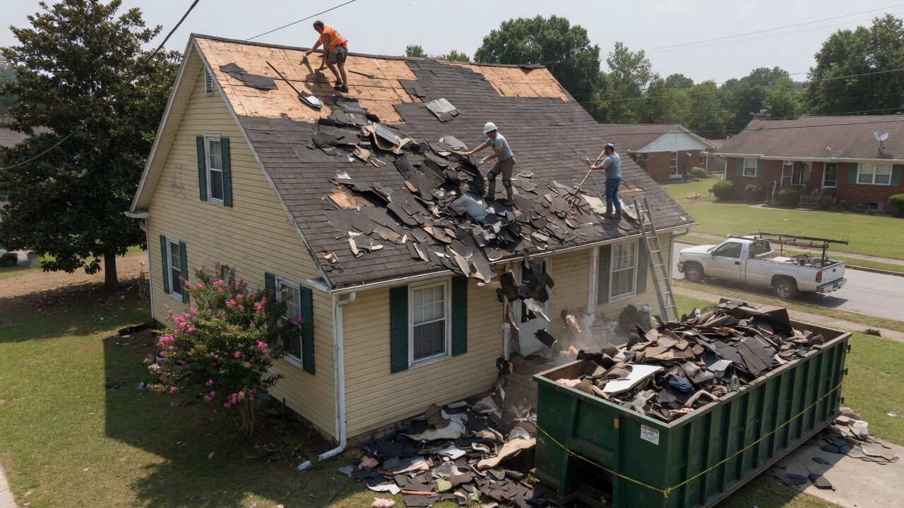 Storm tarp protecting a roof after wind damage in North Carolina