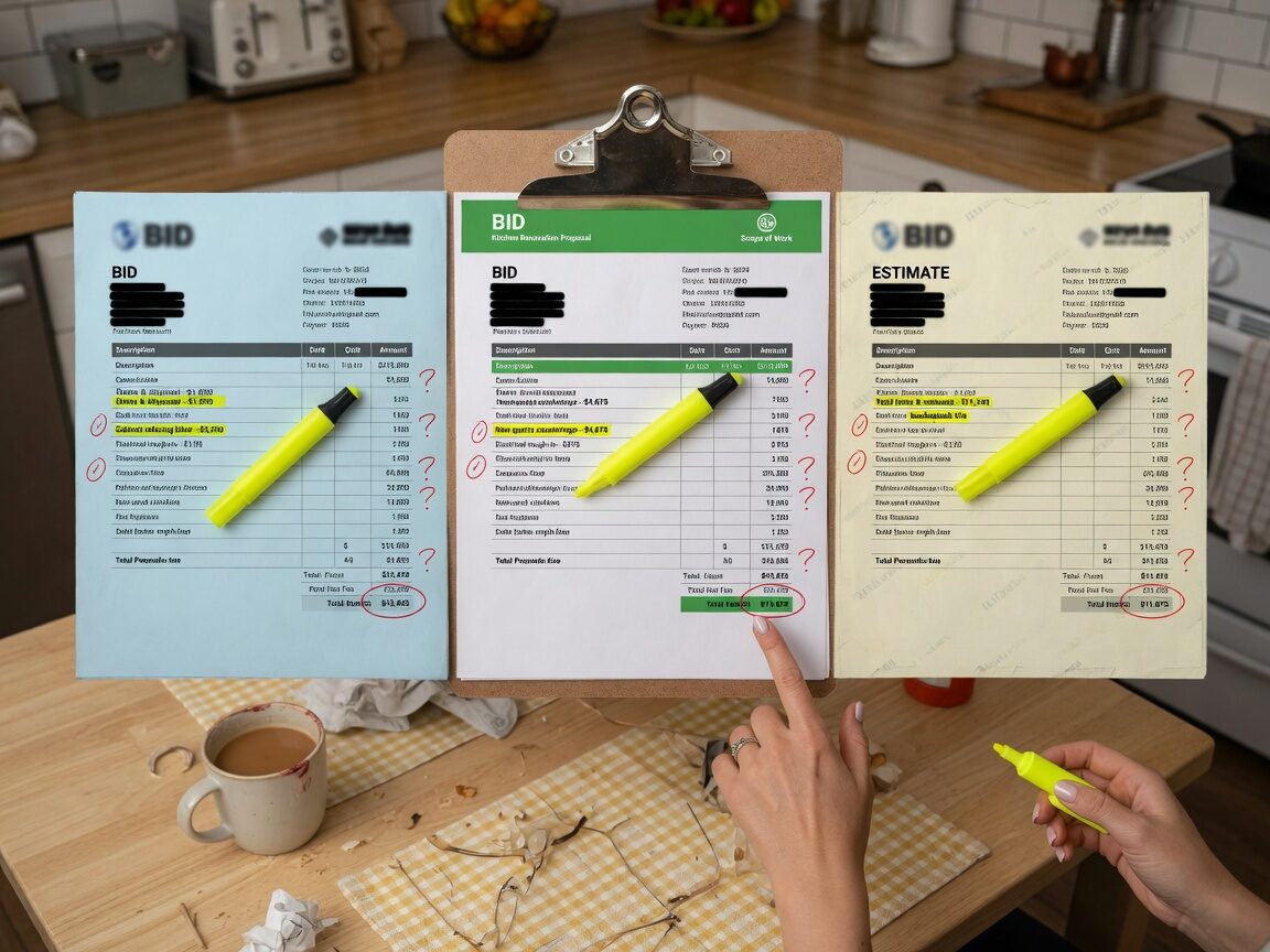 Three contractor bids highlighted on a clipboard for comparison