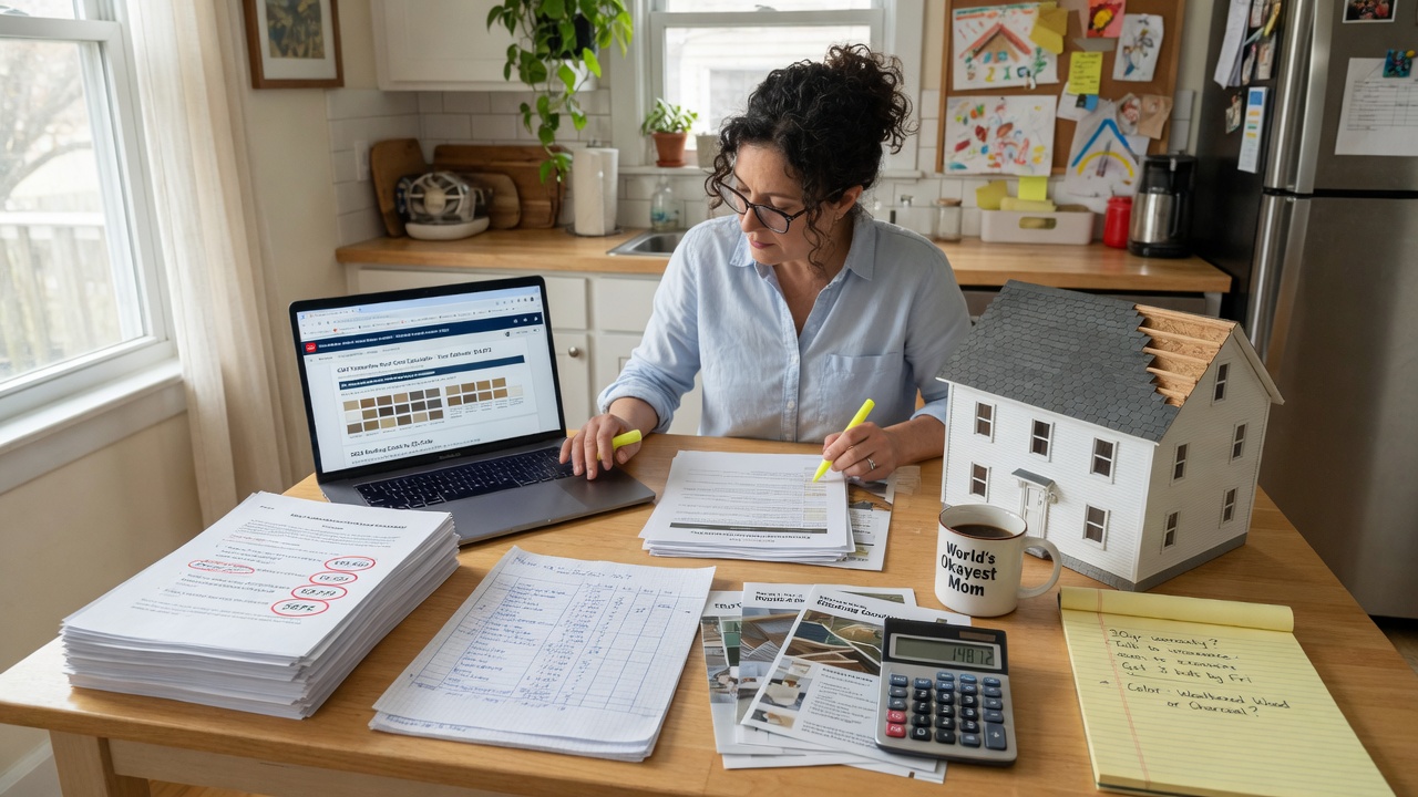Homeowner research notes for roofing and solar decisions at a desk