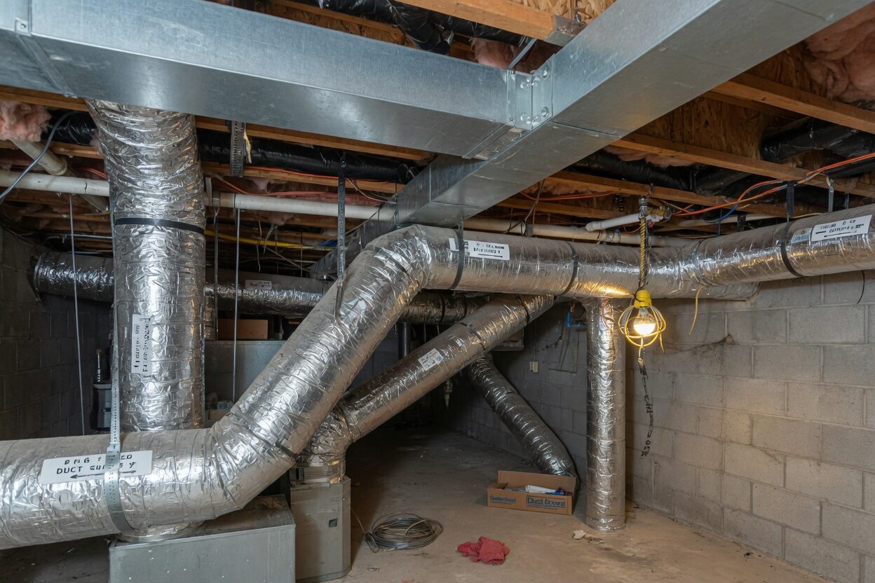 Insulated attic ductwork above a residential ceiling — planning space for solar and HVAC together
