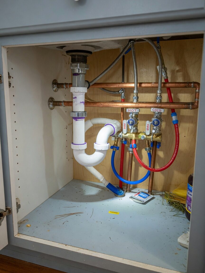Residential plumbing under a North Carolina kitchen sink