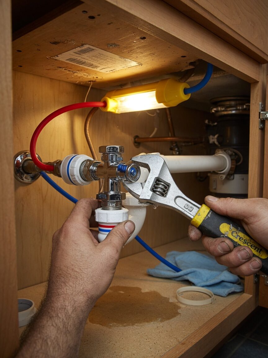 Plumber tightening a shutoff valve under a North Carolina kitchen sink
