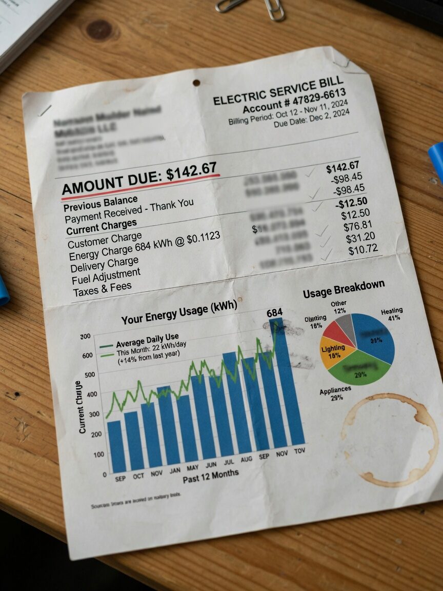 Electric utility bill showing home energy usage for NC incentive planning